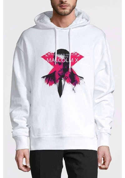 Malcolm X El Shabazz Baskılı Beyaz Erkek Örme Kapşonlu Sweat