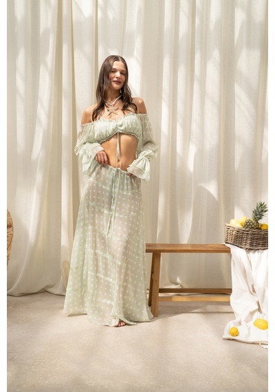 Mai Collection Samos Puantiyeli Yeşil Crop Etek Takım