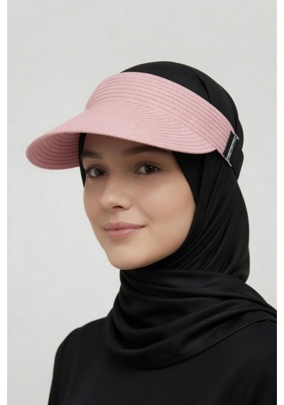 Mollycrush Kadın Pembe Hasır Güneş Vizör Şapka Lastikli Katlanır Çanta Boy Plaj Şapkası Pembe
