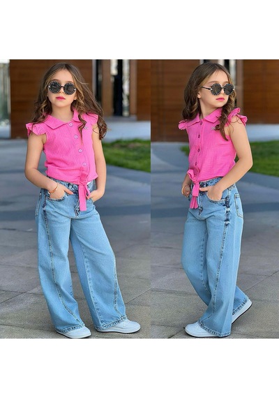 Kız Çocuk Pembe Bağlamalı Gömlek & Bol Paça Kot Pantolon Takım Şık Ve Rahat Yaz Kombini 2572 Kız Çocuk Pembe Bağlamalı Gömlek & Bol Paça Kot Pantolon Takım Şık Ve Rahat Yaz Kombini 2572