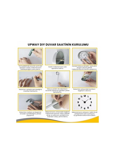 Upway Fosforlu 3d Dıy Sessiz Duvar Saati Dekoratif Yapışkanlı 90/100 Cm Siyah
