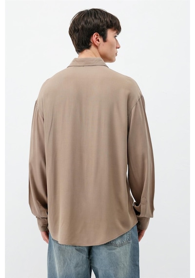 Vamos Hafif Dokulu Oversize Gömlek Vizon
