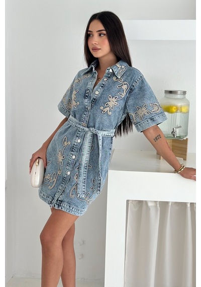 Femelle Kadın Nakışlı Denim Mini Elbise - Kemerli, Düğmeli, Kısa Kollu Jean Elbise Mavi