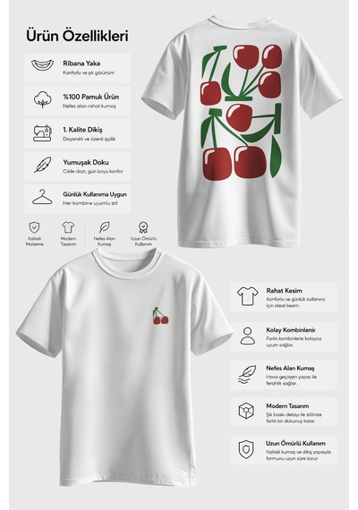 Spoyi Cherry Mood Tasarımlı %100 Pamuk Yarım Oversize Beyaz T-shirt