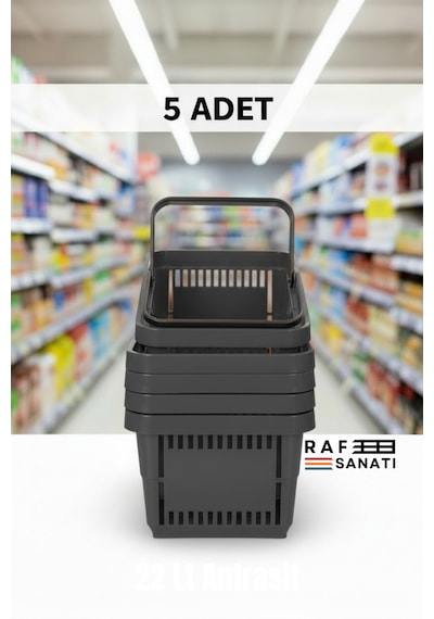 5 Adet / 22 Litre Plastik Market Alışveriş Sepeti Profesyonel Market Mağaza El Sepeti Antrasit