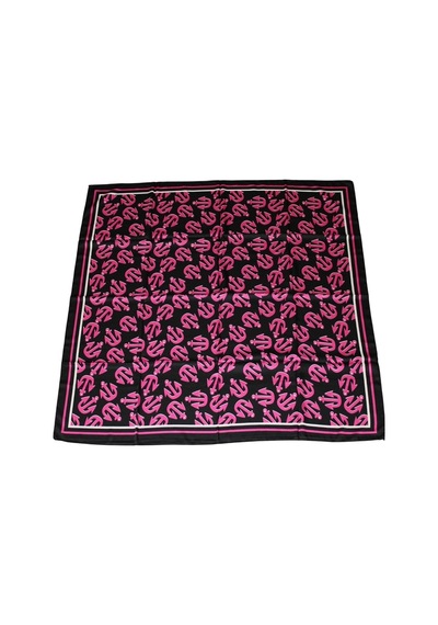 Tikitonki Pembe Çapa Figürlü Saten Siyah Eşarp - Kare Kesim 90x90 Çok Renkli Çok Renkli