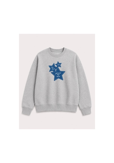 Herkesemoda Kot Efektli Yıldız Baskılı 2 İplik Şardonlu Bisiklet Yaka Sweatshirt Gri