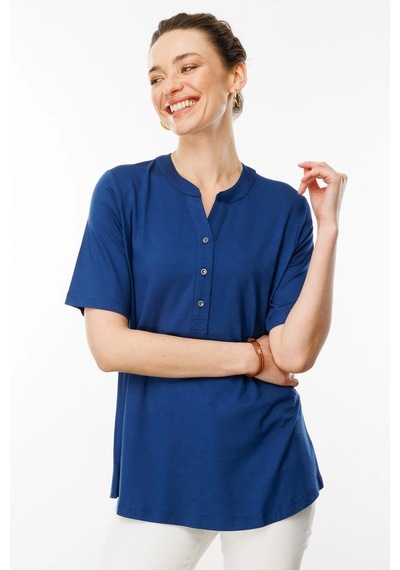 Desen Triko Kadın Yakası Düğmeli Penye T-shirt 25764 Indigo Indigo