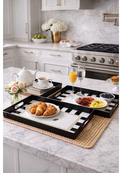 Makri Home 2 Adet Çizgili Desenli Servis Tepsisi 38x28x3,5 Cm, Siyah-beyaz Çok Renkli