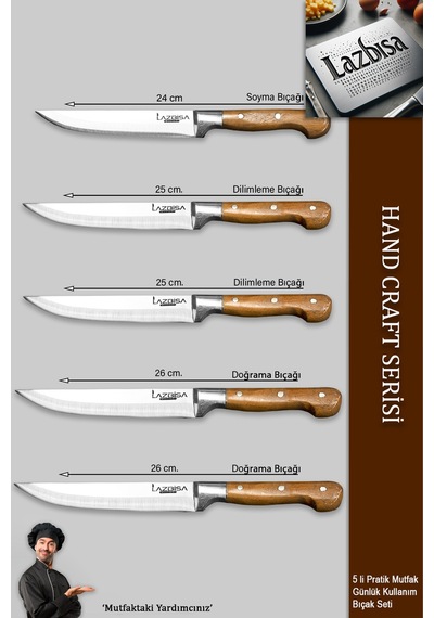 Lazbisa Mtf-002 Hand Craft Mutfak Bıçak Seti Et Ekmek Sebze Meyve Bıçağı 5 Li Set Günlük Kullanım
