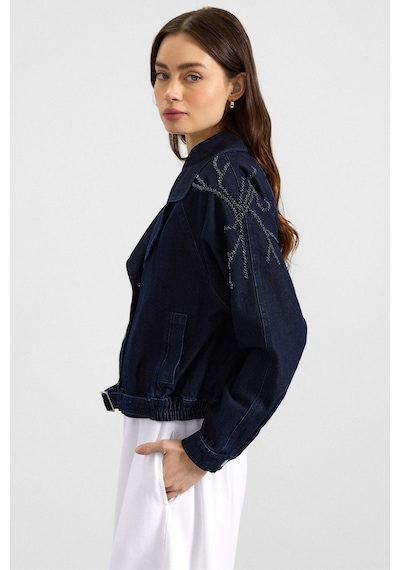Olcay Kolu Boncuk İşlemeli Astarsız Denim Ceket Lacivert 8283