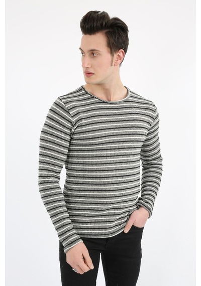 Modish Çizgili Sıfır Yaka Erkek Günlük Sweatshirt Gri