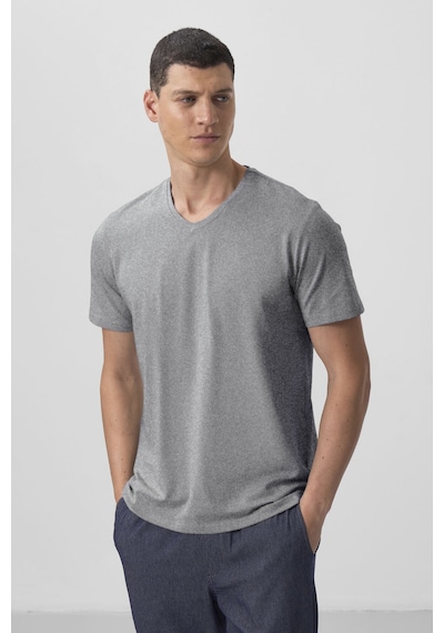 Tommylife Gri Melanj Basic Kısa Kol Standart Kalıp V Yaka Erkek T-shirt - 87912 Gri Melanj