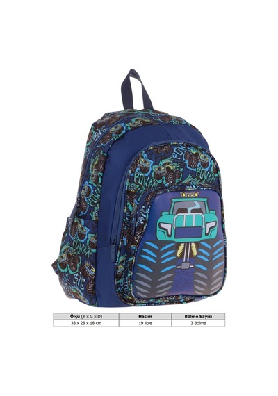 Kaukko Kids Üç Gözlü Erkek Çocuk Okul Sırt Çantası Kamyon Detaylı - L5261 Lacivert - Yeşil