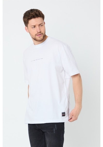 Comeor Erkek Beyaz Baskılı Basic Oversize Bisiklet Yaka Kısa Koll Beyaz