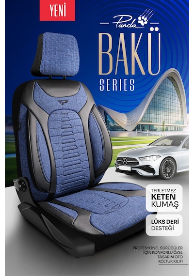 Mavi - Siyah Panda Bakü Serısı Keten Kumaş Oto Koltuk Kılıfı - Tam Set