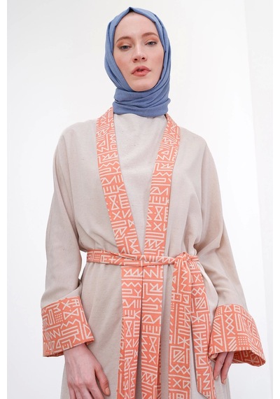 Pureva Garni Detaylı Kuşaklı Keten İkili Kimono - Bej/oranj Çok Renkli