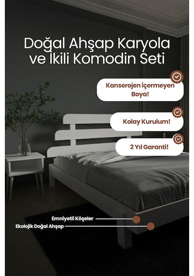 Lotus X New Masif Ahşap Karyola Ve 2 Adet Komodin Beyaz 100x200