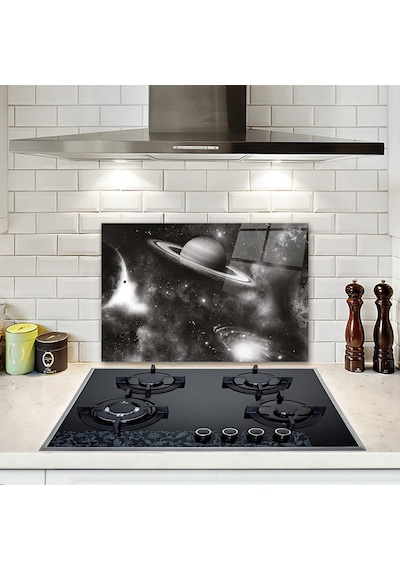 Decorita Cam Ocak Arkası Koruyucu Galaksi Desen Siyah - Beyaz Fon 40 x 60 CM