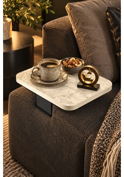 Odera Traverten Ekru Ayarlanabilir Koltuk Kolu Sehpası 40x40 Cm Metal Destekli Modern C Sehpa Diğer