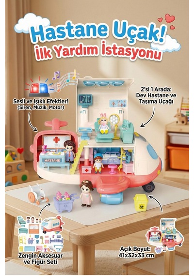Eğitici Sesli Ve Işıklı Dev Hastane Uçağı - Aksesuarlı 2'si 1 Arada İlk Yardım Doktor Oyun Seti