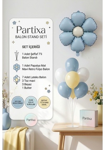 Papatya Mat Mavi Retro Balon Stand Seti Şeffaf 7 Li Stand + Papatya Folyo Balon + 7 Lateks Balon