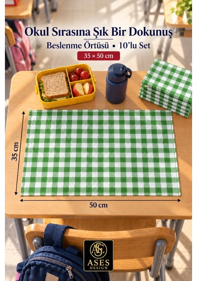 10 Lu Yıkanabilir Beslenme Örtüsü 35x50 Cm Yeşil Beyaz Kareli Anaokulu Ve İlkokul
