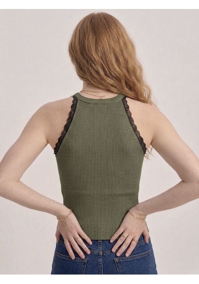 Neden Tekstil Kadın Dantel Detaylı Halter Yaka Fitilli Triko Bluz - Haki