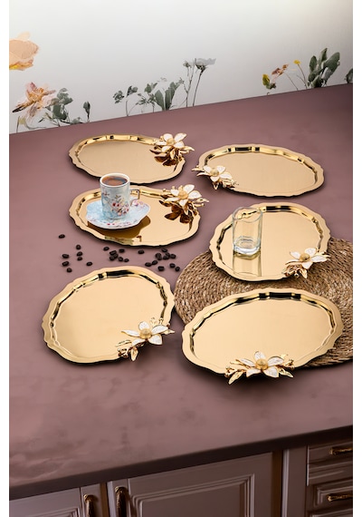 6 Adet Oval Papatlı Kahve-çay Servis Ve Sunum Tepsisi 25x20 Cm