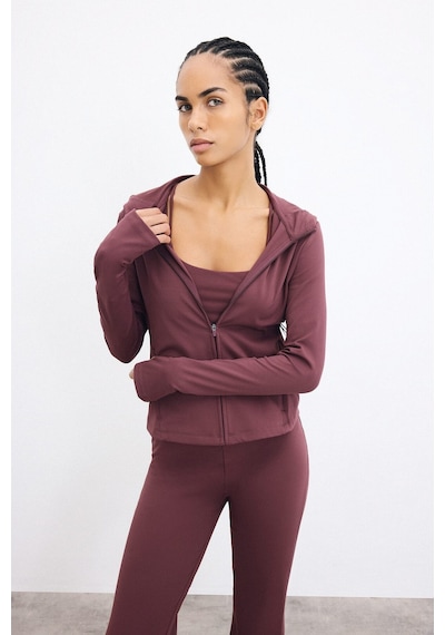 Defacto Sıcak Tutan Slım Fıt Kapüşonlu İçi Yumuşak Tüylü Fermuarlı Uzun Kollu Sporcu Sweatshirt Hırka H5289ax26aubr93 Bordo-br93