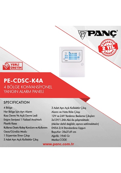 Pe-Cdsc-K4A 4 Bölge Konvansiyonel Yangın Alarm Paneli