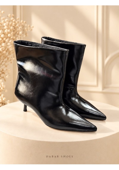 Dabab Shoes Derın Kadın Siyah İçi Kürklü Sivri Burun Ön Dikiş Detaylı 5 Cm İnce Topuklu Orta Konç Bot Bootie