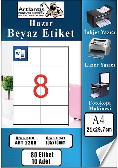 A4 Hazır Etiket 105x70 Mm 10 Sayfa 1 Paket 8 Li Kendinden Yapışkanlı Fotokopi Lazer İnkjet Kağıdı Yazıcılar İçin Uyumlu