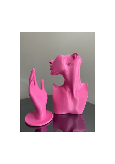 Pembe Renk Dekoratif Takı Mankeni Ve El 2'li Set Takı Teşhir Standı 23 Ve 18 Cm Takı Organizeri Küpe