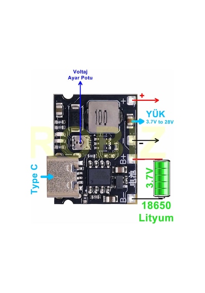 Tp4056 18650 Lityum Pil Şarj Modül Type C Ayarlı Voltaj Yükseltici Lion Batarya Akü Dc 3.7v To 28v
