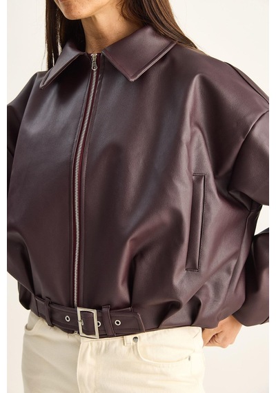 Oversize Tokalı Deri Ceket 3137 60284058 - Bordo