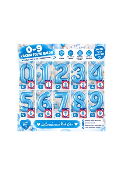 Mavi Rakam Folyo Balon 0-9 34 İnç 76 Cm Mavi0