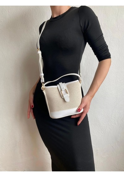 Glemix Alin Keten Beyaz Kontrast Kova Model Kadın Omuz Çantası Keten Beyaz