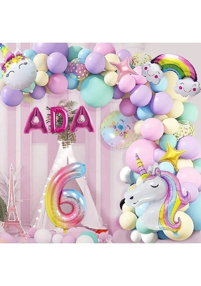 3 Harfli Yaş Seçenekli Gökkuşağı Konseptli Unicorn Temalı Makaron Balon Doğum Günü Parti Kutlama Seti 1