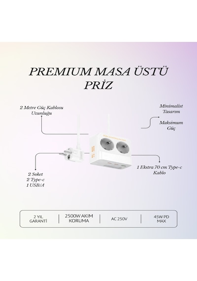 45w Pd Hızlı Şarjlı 2 Li Akım Korumalı Priz 2x Type-c + Usb-a 2500w Çoklu Şarj İstasyonu 1