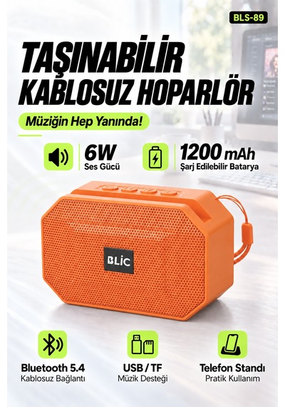 Blic Bls-89 Bluetooth 5.4 Taşınabilir Hoparlör Turuncu 6w Rms, Telefon Standlı, Usb Ve Tf Kart Deste