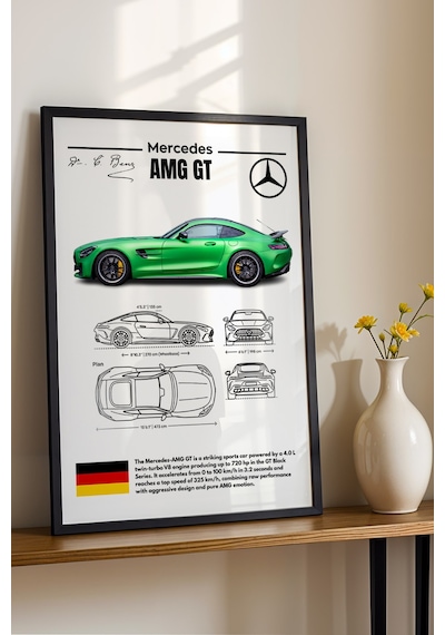 Mercedes-amg Gt Tablo - Teknik Özellikli Spor Araba Poster - Çerçeve Duvar Dekoru - Araba Blueprint Siyah