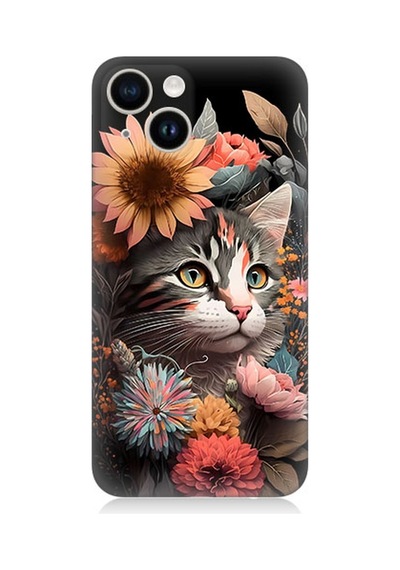 Apple Uyumlu iPhone 13 Silikon Kılıf Çiçekler Ve Kül Gri Kedi