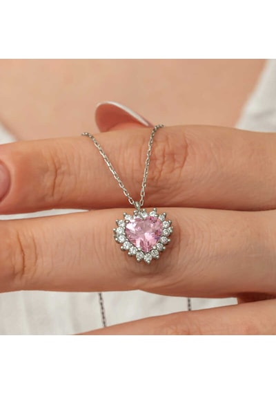 Gümüş Pembe Taşlı Kalp Kadın Kolye 14 MM Gümüş