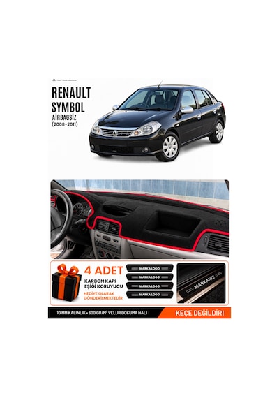 Renault Symbol Airbagsiz 2008-2011 Uyumlu Torpido Örtüsü, Torpido Kılıfı - Siyah-kırmızı - Re029