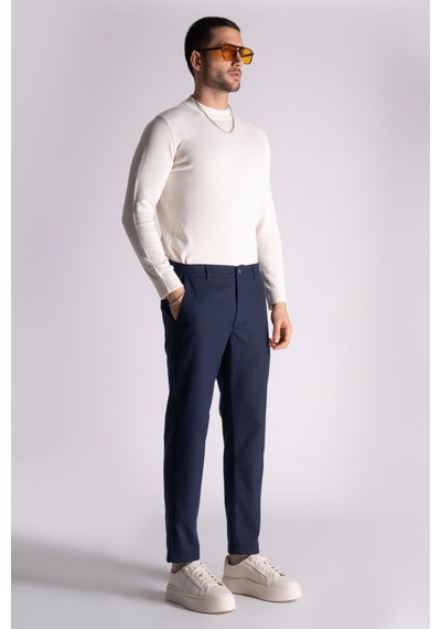 Braccas Beli Yarım Lastikli Slim Fit Chino Pantalon Lacivert Lacivert Ekose Lacivert