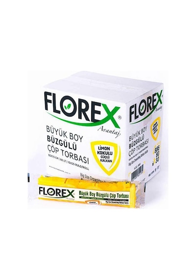 Florex 60 Litre Büzgülü Limon Kokulu Sarı Çöp Torbası Poşeti / 65 x 70 Cm. - 10x25 Rulo / Koli