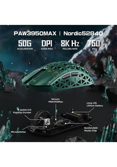R5 Ultra Karbon Fiber Hyperspeed Kablosuz Gaming Mouse 39g Süper Hafif, Paw3950max Sensör, 42000 Dpı, 8000hz Kablosuz Polling, Bt/2.4g/kablolu Usb-c, Windows/mac Uyumlu Green