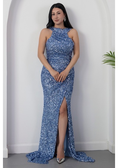 Kalopya Halter Yaka Yırtmaçlı Pulpayet Elbise Ecr5482 Mavi