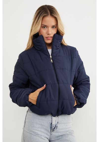 Fullamoda Beli Lastikli Crop Şişme Mont Lacivert
